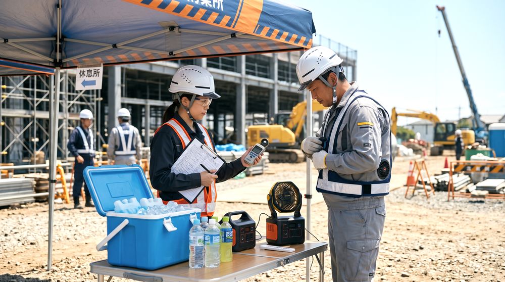 建設現場で現場監督と作業員が暑さ対策を確認するイメージ