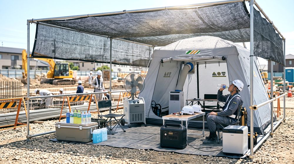 遮光ネットとクーラーテントを使った建設現場の休憩所