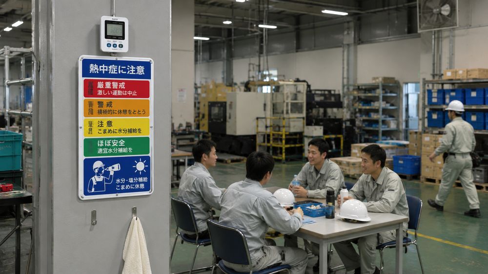 工場や倉庫の休憩所に熱中症注意標識を掲示するイメージ