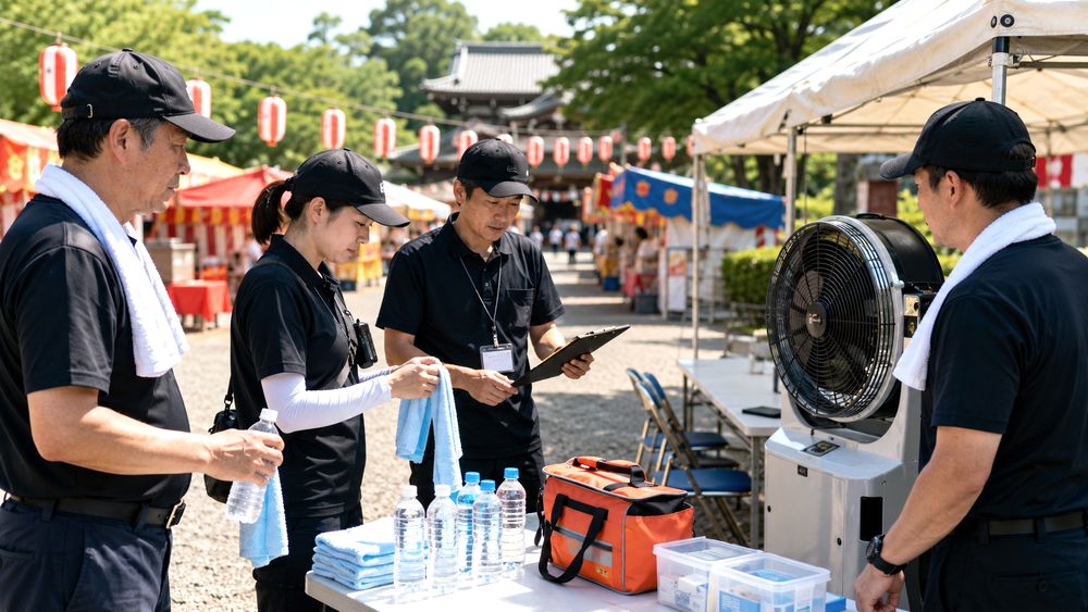 夏祭り会場で主催者が熱中症対策用品を確認するイメージ