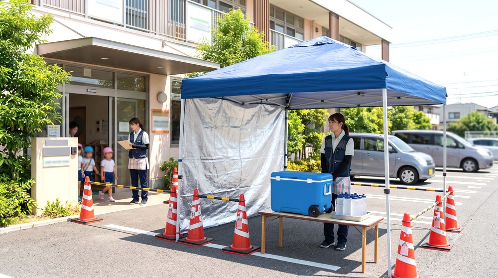 送迎口の待機列にテントで日陰を作るイメージ