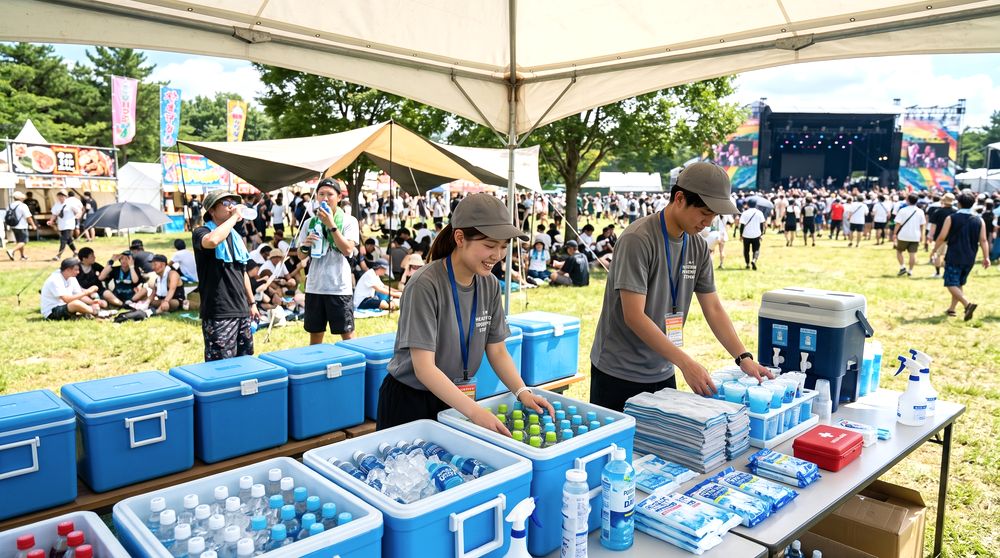 野外フェス会場で熱中症対策用品を準備するイメージ