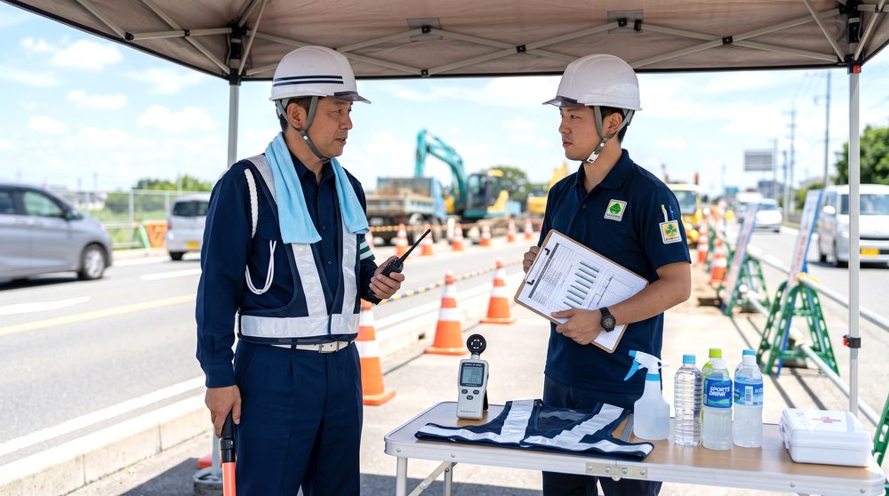 夏場の屋外で暑さ対策を行いながら立哨する警備員のイメージ