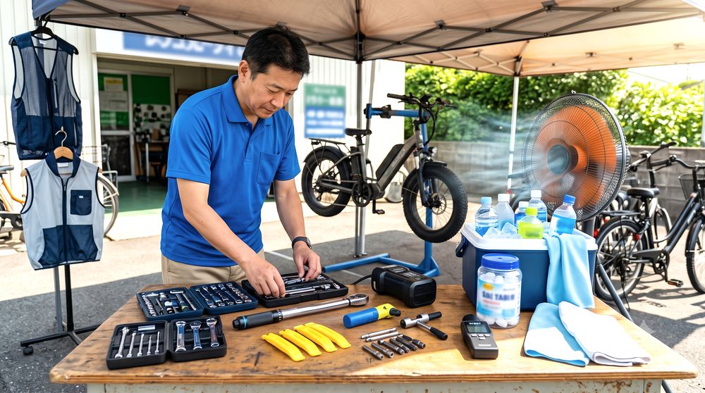 夏場に自転車修理をする作業者と暑さ対策のイメージ