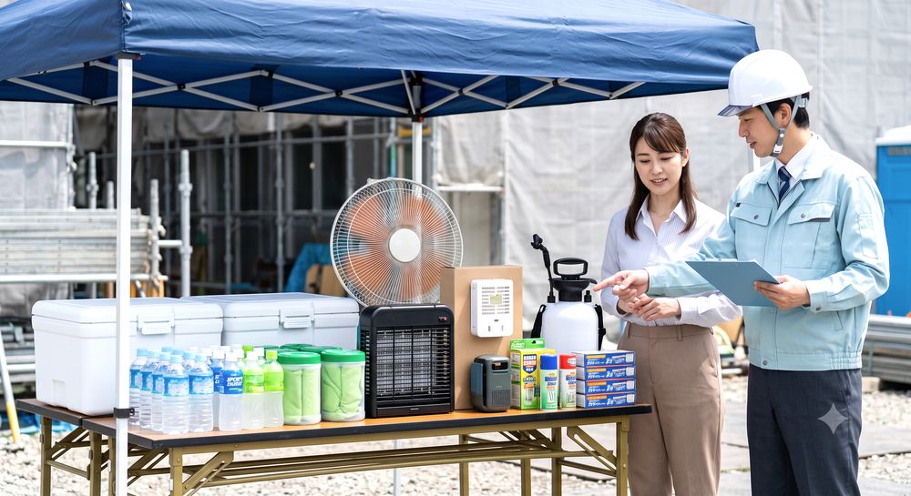 夏の現場休憩所で虫対策用品を準備するイメージ