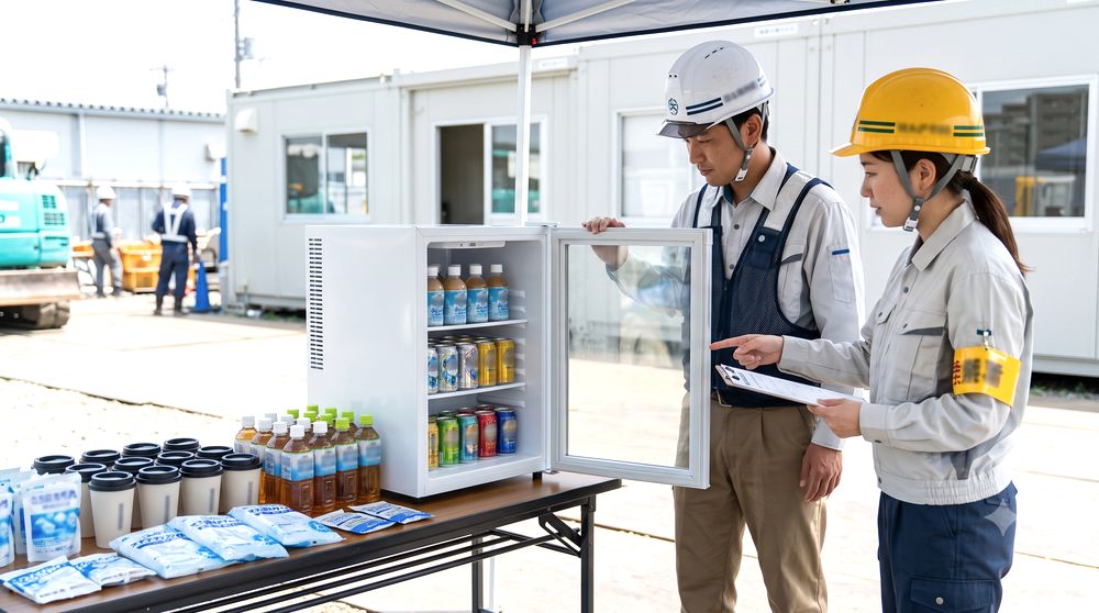 現場の休憩所で冷たい飲み物を準備するイメージ