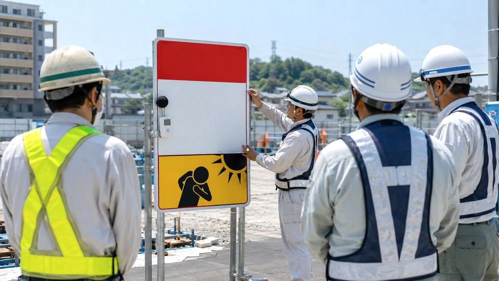 建設現場でWBGT計付き熱中症注意看板を設置するイメージ
