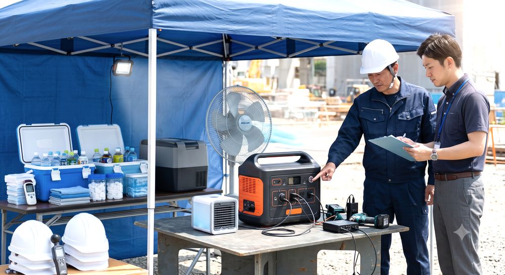 現場休憩所でポータブル電源と工場扇を使うイメージ